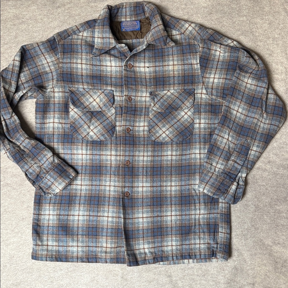 Vintage ‘50’s Pendleton Blue and‎ Brown Plaid Shirt Jacket